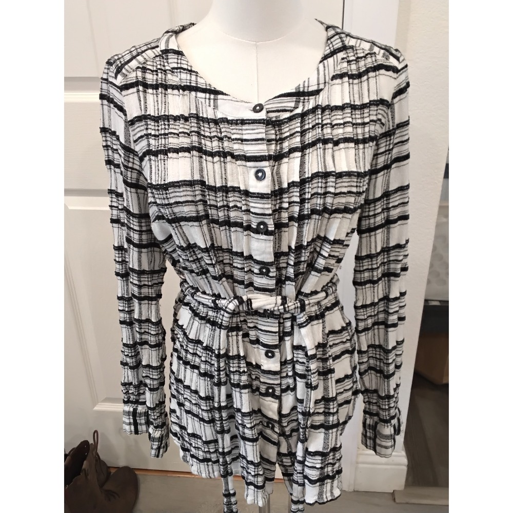 Anthropologie Plaid Button Front Belted Tunic Top Black White Size 8